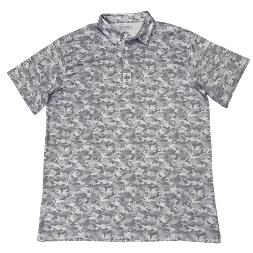 Pins & Aces Golf Polo Mens XL Grey Digital Camo Performance Stretch Short Sleeve - Picture 2 of 8